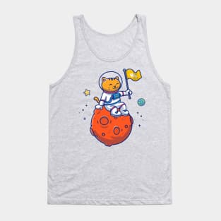 Cute Cat Astronaut Sitting On Moon With Flag Cartoon Tank Top